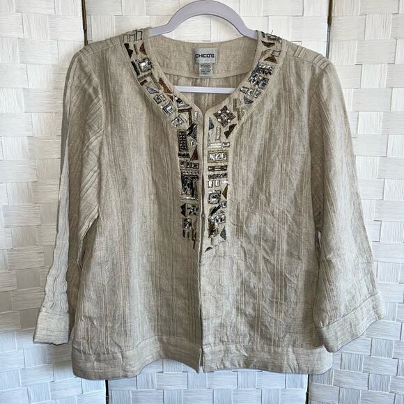 Chico’s Womens Tunic Linen Blend Blazer Jacket Size Medium Jewl Embroidered - Picture 1 of 16